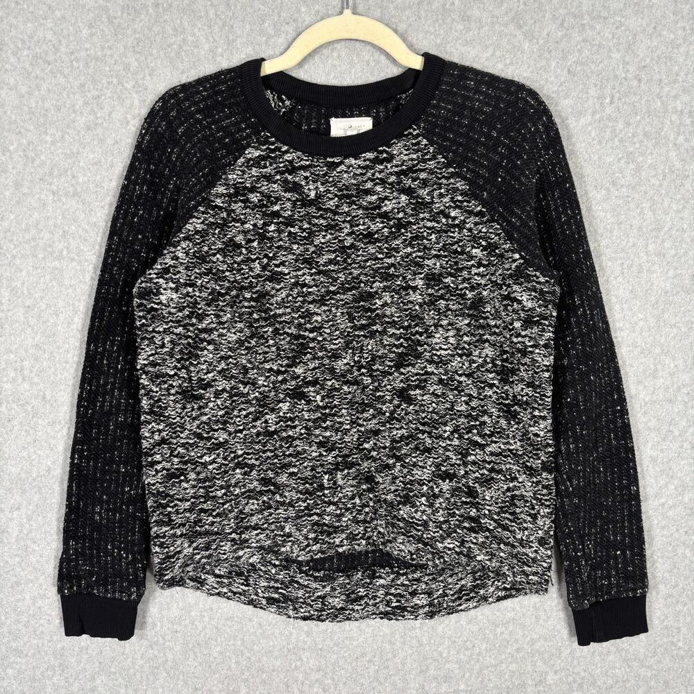 Lou Grey Sweater Womens Small Black White Textured Chunky Fuzzy Lounge Raglan